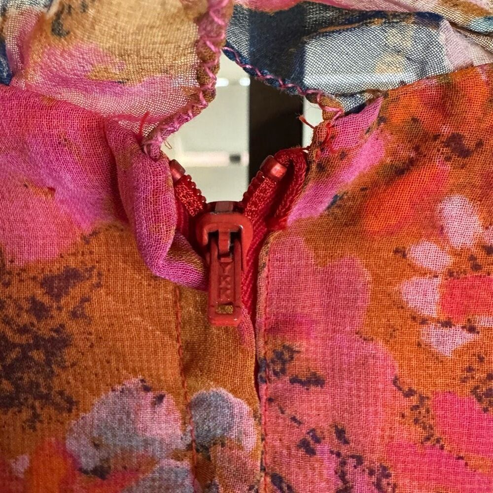 Vintage XS Sheer Sleeve Floral Maxi Dress Ruffle Pink Orange Feminine Fairycore - Picture 9 of 9